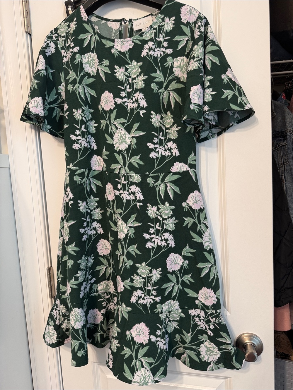Sugarlips Dark Green Floral Fit-and-Flare Dress with Pink Flowers
